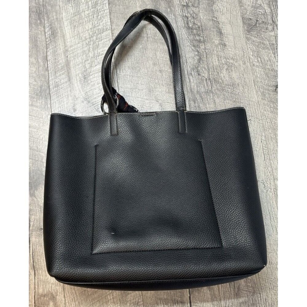 Calvin Klein Tote Bag Handbag Black Faux Leather Inside Pockets with Sash 13x17" - Picture 2 of 11